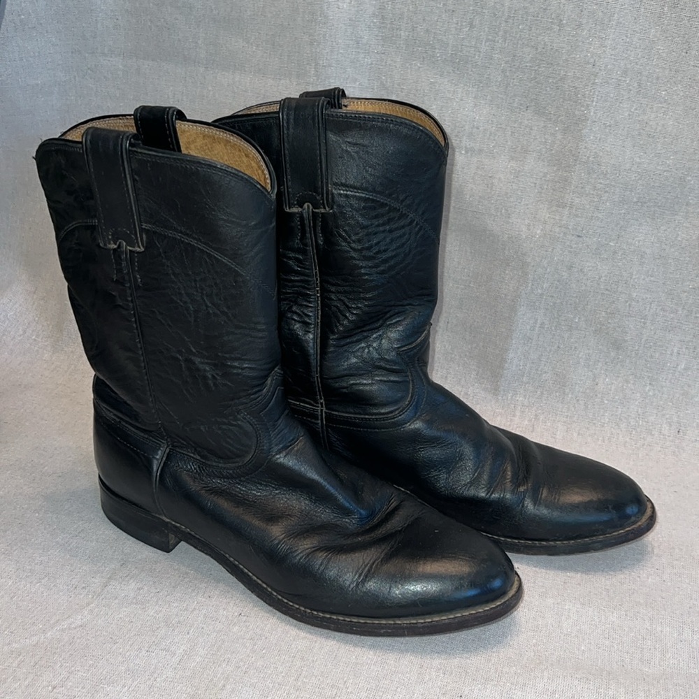 JUSTIN Men’s Black Leather Western Boots, Size 9